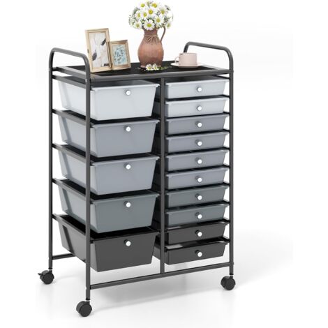 COSTWAY Carrito Auxiliar Almacenamiento con 15 Cajones Apilables y Ruedas Estructura Metálica, Carro Organizador para Cocina Restaurante (Negro+Marco Negro)