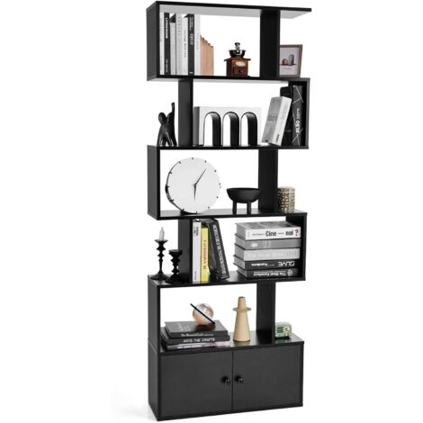 COSTWAY Librería, Estantería en Forma de S de 6 Niveles con Puertas, Estantes Decorativos de Madera para Salón, Dormitorio, Oficina, 70 x 23 x 183 cm (Negro)