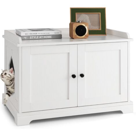 COSTWAY Arenero para Gatos con Tablero Rascador, Casa de Baño Oculto con Entrada Reversible y Divisor Ajustable, Mesa Auxiliar de Madera Interior para Mascotas 75 x 51 x 53 cm