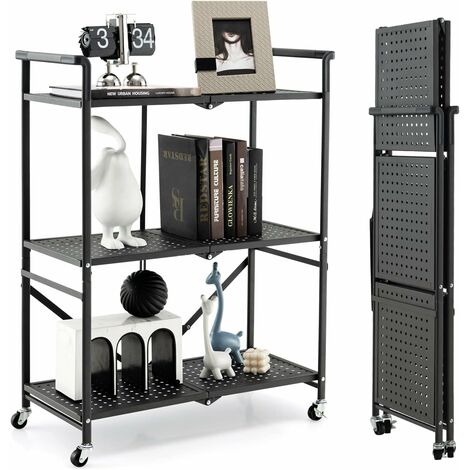 COSTWAY Estanterías Plegables con Ruedas, Estante de Metal Resistente de 3 Niveles con 2 Ruedas Bloqueables, Fácil de Plegar, Estante de Alambre de Metal Móvil para Cocina, Sala, Garaje, Negro (1/5)