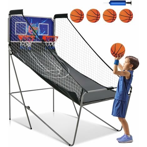 COSTWAY Juego de Canastas Plegable Máquina de Baloncesto Juguete Contador y Marcador Electrónico con Soporete Red Cesta de Baloncesto 4 Baloncestos (Azul)