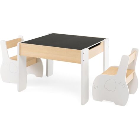 COSTWAY 4 en 1 Juego de Mesa y Silla Infantil, Mesa Infantil de Madera con 2 sillas, Manualidades, Dibujo, Lectura, Mesa Escritorio Infantilcon Almacenaje, Pizarra Desmontable para Guardería (Blanco)