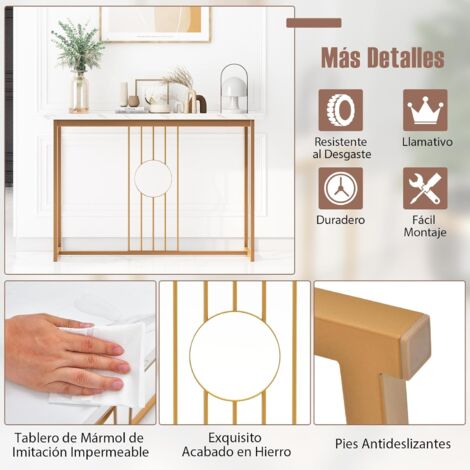 Mesa Baja Homcom Con Patas Ajustables - Metal Dorado Y Madera Efecto Mármol - 45x40x61.5 Cm - Para Salón O Sofá