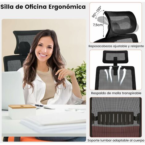 Silla de oficina ergonómica con soporte lumbar, reposacabezas y brazos  abatibles, altura ajustable, mecedora, escritorio de oficina en casa, silla