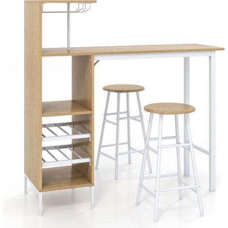 COSTWAY Juego de 3 Piezas Mesa y Sillas de Bar, Mesa y Taburetes Industriales con Soportes para Copas de Vino y Estantes para 6 Botellas de Vino, Juego de Mesa para Comedor Cocina (Natural)