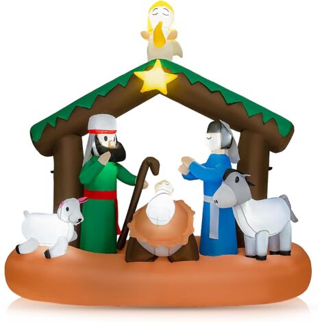 COSTWAY 180cm Decoración Inflable con 7 Luces LED, Decoración Navideña Inflable con Escena del Nacimiento de Jesús, Decoración Navideña Inflable para Interiores y Exteriores, Jardín, Césped