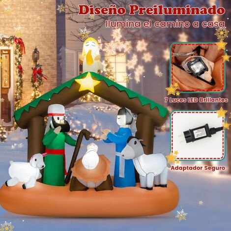 COSTWAY 180cm Decoración Inflable con 7 Luces LED, Decoración Navideña Inflable con Escena del Nacimiento de Jesús, Decoración Navideña Inflable para Interiores y Exteriores, Jardín, Césped