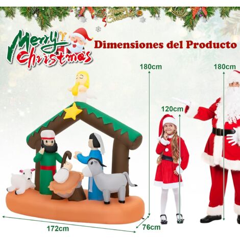 COSTWAY 180cm Decoración Inflable con 7 Luces LED, Decoración Navideña Inflable con Escena del Nacimiento de Jesús, Decoración Navideña Inflable para Interiores y Exteriores, Jardín, Césped