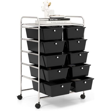 COSTWAY Carrito Auxiliar con Ruedas, Carro Almacenaje con 10 Cajones Grandes y Apilables, Carrito Organizador con Ruedas Bloqueables de Metal para Cocina Oficina, Baño, 37 x 65.5 x 87 cm, Negro