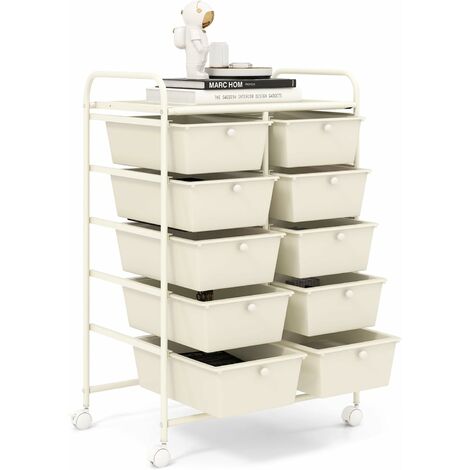COSTWAY Carrito Auxiliar con Ruedas, Carro Almacenaje con 10 Cajones Grandes y Apilables, Carrito Organizador con Ruedas Bloqueables de Metal para Cocina Oficina, Baño, 37 x 65.5 x 87 cm, Blanco