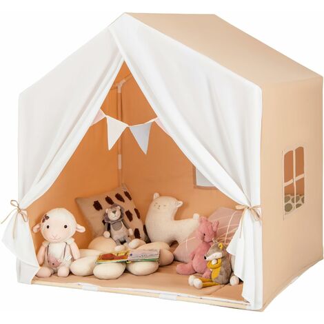 COSTWAY Tienda Campaña Infantil Niña, Carpa de Juegos Infantiles con Colchoneta Lavable y Banderín, Casita para Niños con Ventanas, Cortinas, Estructura de Madera para Niños 3+ Años (Marrón) (1/5)