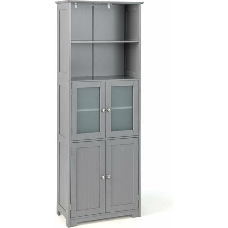 COSTWAY Armario Alto de Baño con 2 Puertas y 1 Cajón, Armario Independiente con Estantes Ajustables y Puerta de Vidrio Esmerilado, Mueble Columna de Baño para Sala Dormitorio Cocina (Gris, 4 Puertas)