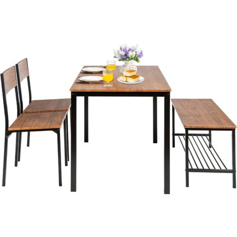 COSWAY Juego de Mesa y Silla de Comedor de 4 Piezas, Mesa de Reunión Industrial con 2 Sillas y 1 Banco, Juego de Cocina con Marco de Metal y Estante, Moderno para Comedor y Cocina (Marrón Rojizo)