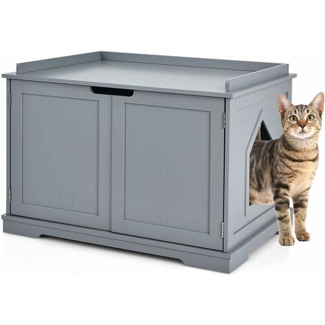 COSTWAY Casita para Gatos, Arenero para Gatos, Casita para Mascotas, Casa para Gatos, Recinto con Hoyo para Gatos, Caja para Animales con Estructura de Madera Resistente (Gris)
