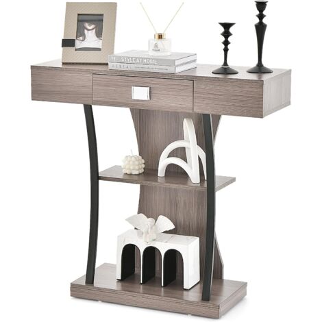 COSTWAY Mesa de Consola en Forma de T, de Entrada Sofá con Cajón, Estantes y Kits Duales Antivuelco, Mesa de Centro, de Recibidor Moderna para Sala de Estar (Gris)