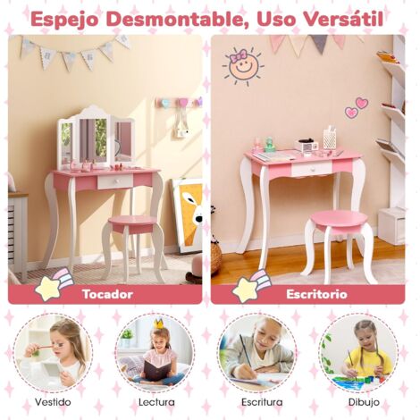 COSTWAY Set Tocador Infantil con Espejo Tripartido, Set Mesa Tocador y  Taburete para Niños con 3