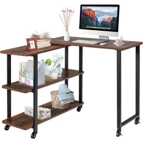 COSTWAY Mesa Auxiliar para Trabajo de Giratorio 360°,71,5 x 80 x 67 cm, Mesa de Salón de 3 Niveles con Ruedas, Escritorio Extensible de Oficina, Mesa de Esquina (Marrón)