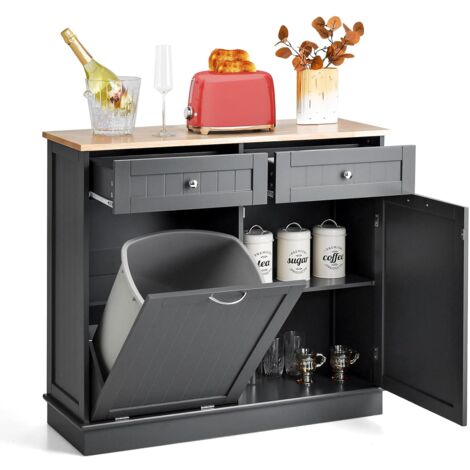 COSTWAY Carrito de Cocina, Armario de Basculante con Soporte para un Contenedor de Basura, Encimera de Madera de Caucho, 2 Cajones, Estante Ajustable, Armario de Reciclaje Independiente (Gris)
