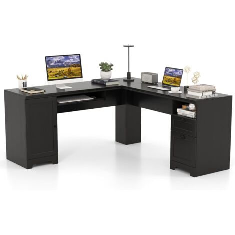 COSTWAY Escritorio Esquinero Grande 168X168 cm, Escritorio en L con Cajones, Bandeja para Teclado, Mesa en L con Estante Ajustable Oficina Casa (Negro)