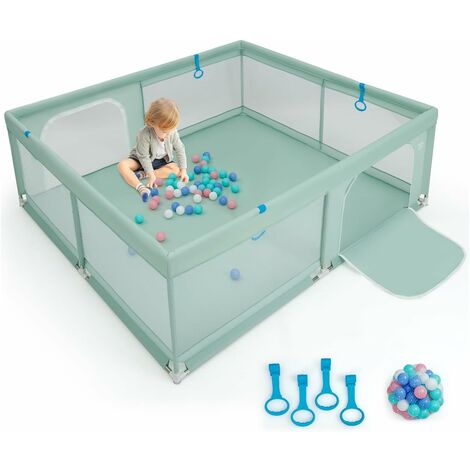 COSTWAY Parque Infantil Bebe 200 x 180 x 68 cm, Corralito Bebe con 50 Bolas, 4 Anillos, Malla Transpirable Suave, Asas, Valla para Bebés con Puerta, Base Antideslizante (Verde)