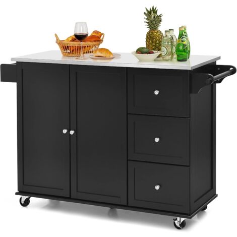 COSTWAY Carrito de Cocina, Carrito de Servicio Móvil con 3 Cajones, Carrito de Isla de Cocina con Encimera de Acero Inoxidable, Armario de 2 Puertas, Toallero y Especiero (Negro)