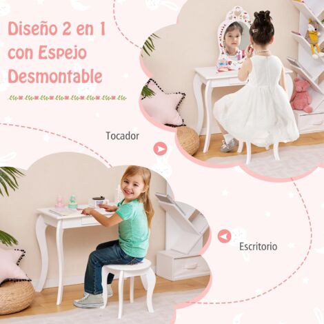 COSTWAY Tocador con Taburete y Espejo para Niña Mesa de Maquillaje