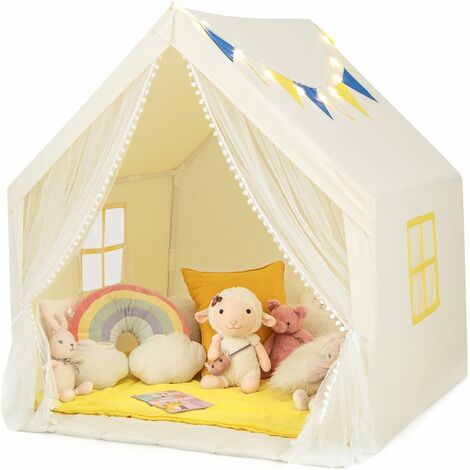COSTWAY Tienda de Campaña Infantil de Juego, Casita para Niños con Alfombra de Algodón Lavable, Luces de Estrellas, Ventanas, Tienda de Juego de Fantasía para Niños, 122 x 105 x 125 CM (Beige)