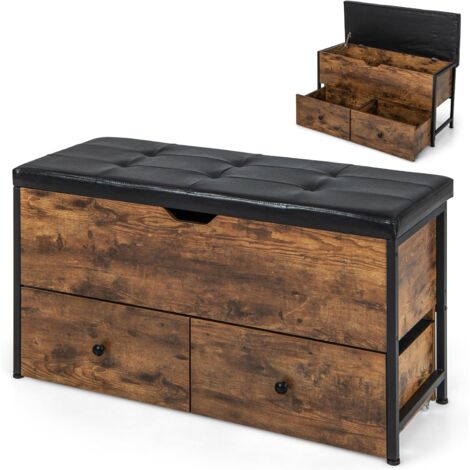 COSTWAY Banco Almacenaje con Cojín de Asiento Acolchado, Tapa Abatible y 2 Cajones, Soporta 150 kg, Banqueta de Almacenamiento de Madera para Sala de Estar, Dormitorio, Entrada, 101 x 41 x 58 cm (1/5)