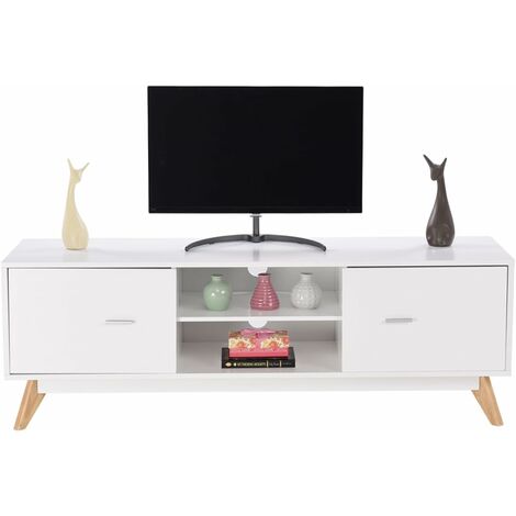 COSTWAY Mueble TV Salon, Soporte de TV hasta 60", Mesa de Consola de TV Moderna con 2 Puertas, Centro de Entretenimiento con Orificios para Gestión de Cables, Patas de Madera Maciza (1/5)