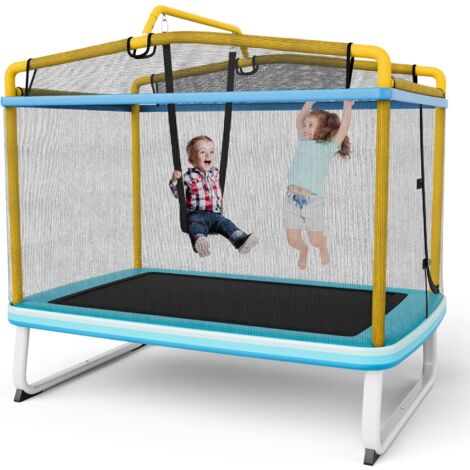 COSTWAY 3 en 1 Cama Elastica Infantil, Trampolín para Niños Multifuncional con Columpio y Barra Horizontal, con Red de Protección, para Exterior/Interior, 190 x 124 x 172 cm azul + amarillo