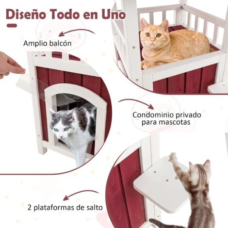 Casa de madera para gatos de 2 pisos, resistente a la intemperie, para  interiores y exteriores, casa para gatos con puerta de escape, plataforma  de