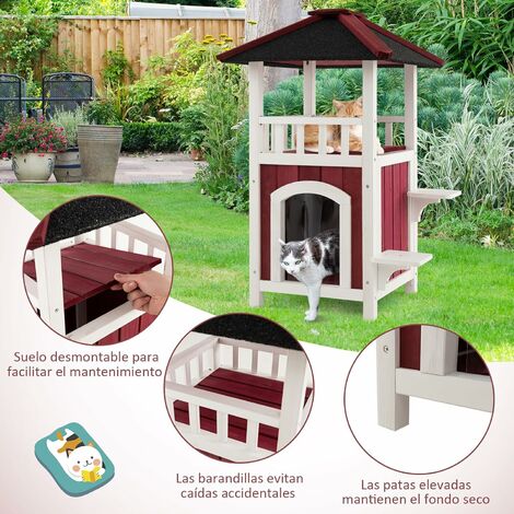 Casa de madera para gatos de 2 pisos, resistente a la intemperie, para  interiores y exteriores, casa para gatos con puerta de escape, plataforma  de