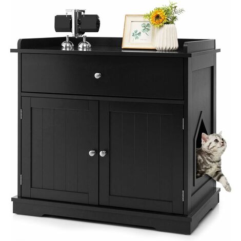 COSTWAY Mueble para Gatos, Cajón y 2 Puertas, Casa para Gatos 76x53x74 cm (Negro)