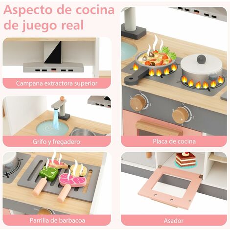 COSTWAY Cocina Juguete para Niños, Juego de Cocina Infantil de Madera,  Campana Extractora y Refrigerador, Utensilios