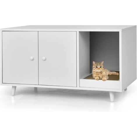 COSTWAY 3 en 1 Casa para Gatos con Rascador Extraíble, Mesa de Centro Auxiliar de Madera, Cueva para Gatos con 2 Puertas, Mueble Arenero de 90 x 50 x 50 cm (Blanco)