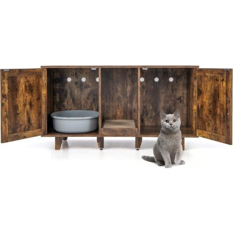 COSTWAY Cajas de Arena para Dos Gatos, Casa de Baño Oculto para Mascota con 2 Puertas, Arenero Cubierto con Entrada Sinuosa y Tablero Rascador, Mesa Auxiliar para Gatos 120 x 52 x 65 cm (Café)