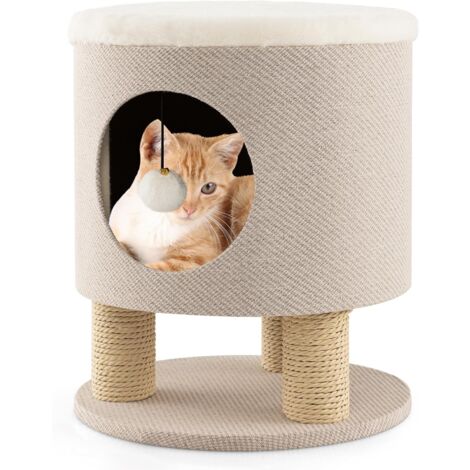 COSTWAY Taburete para Gatos 3 en 1 con Condominio, Casa para Mascotas Otomana, Cueva para Gatos con Poste Rascador y Bola de Felpa, Cama Gato Cueva 40 x 40 x 47 cm (Beige) (1/5)