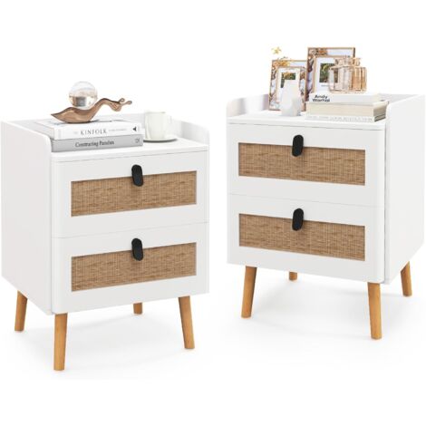 COSTWAY Set de 2 Mesitas de Noche, Mesillas de Noche Dormitorio con 2 Cajones de Ratán, Mesita de Noche con Acabado Blanco y Patas de Madera, Mesillas de Noche Bohemia (con 2 Cajones, 2 Piezas)