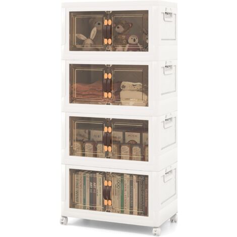 COSTWAY Cajas Almacenaje 135L, Juego de 4 Cajas Organizadoras Plastico con Ruedas Bloqueables, Baul Almacenaje Dormitorio con Tapas Plegables de PP, Cajas Plastico Transparente Apilable con Puertas
