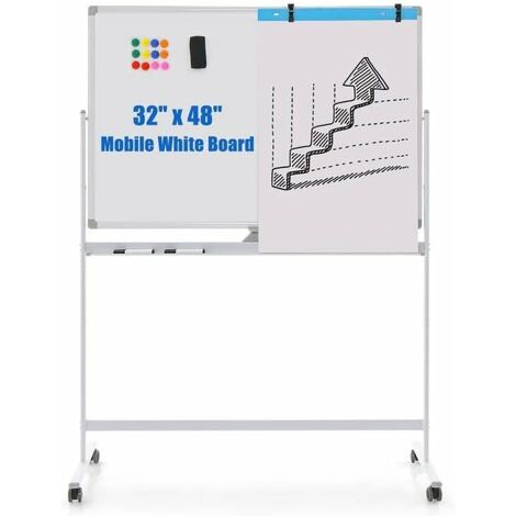 COSTWAY Pizarra Móvil Magnética en Seco 120 x 80 cm, Doble Cara, Soporte sobre Ruedas Bloqueables, Giro de 360 °, Altura Ajustable, Pizarra Blanca, Oficina, Escuela (120x80 cm, blanco)