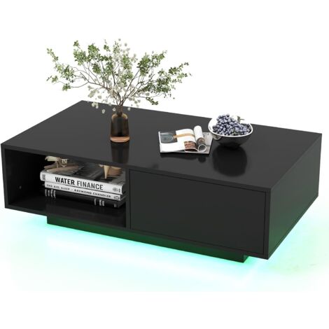 Costway – Mesa de centro rectangular moderna con luces LED – Control remoto – Cajón y estante abierto – Acabado brillante – Para sala de estar (1/5)