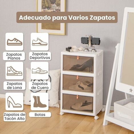 COSTWAY Cajas para Zapatos Plegable de 3 Niveles, Cajas Almacenaje Zapatos  con Puertas Magnéticas Transparentes/Ruedas