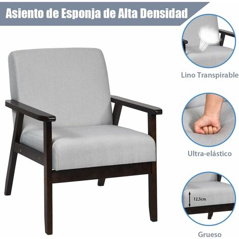 COSTWAY Butacas para Dormitorio, Sillón Individual de Tela de Lino, Patas  de Madera de Caucho y