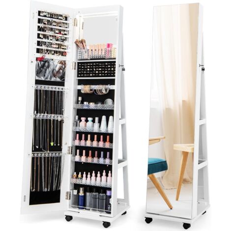 COSTWAY Armario para Joyas, Espejo Joyero de Pie Con Cerradura, Organizador De Joyas Con Espejo de Maquillaje Incorporado, Luces LED De 3 Colores, Estantes Ajustables Y Ruedas Universales (Blanco)