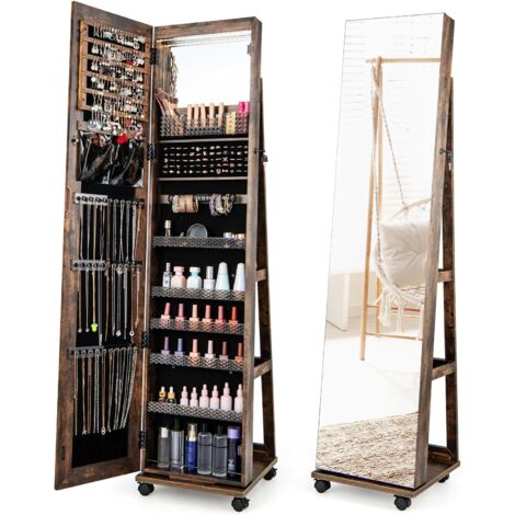 COSTWAY Armario para Joyas, Espejo Joyero de Pie Con Cerradura, Organizador De Joyas Con Espejo de Maquillaje Incorporado, Luces LED De 3 Colores, Estantes Ajustables Y Ruedas Universales (Café)