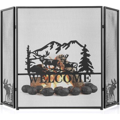COSTWAY Pantalla de Chimenea de 3 Paneles de 79 x 132 cm, Pantalla Plegable con Bisagras Flexibles, Cubierta de Chimenea, Protector Metálico de Malla contra Chispas (Welcome)