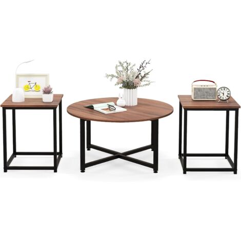 COSTWAY Conjunto de Mesa de Centro de 3 Piezas, Mesa Auxiliar Redonda y 2 Mesas de Centro Cuadradas con Estructura de Metal Resistente, Juego de 3 Mesas de Sala Modernas de 3 (Nogal y Negro) (1/5)