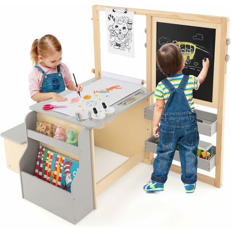 COSTWAY Caballete Infantil, Juego de Mesa y Banco de Arte, Centro de Arte de Madera Multifuncional Con Caballete Ajustable de Doble Cara, Pizarrón Magnética, Rollo de Papel Reemplazable (Gris)