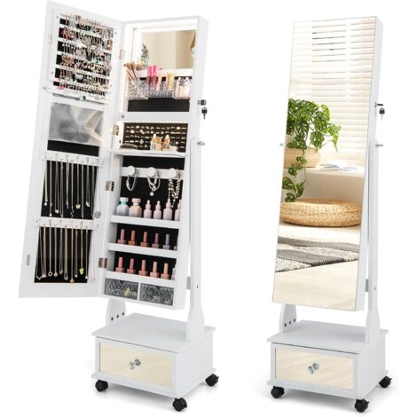 COSTWAY Armario para Joyas, Espejo Joyero de Pie Con Luces LED de 3 Colores, Espejo de Pie Cuerpo Entero con Cerradura, Cajón y 4 ruedas, Almacenamiento de Joyas Con Espejo de Maquillaje (Blanco)