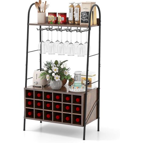 COSTWAY Estantería para Vinos, Botellero Vino para 18 Botellas y 15 Copas, Organizador de Botellas con Estantes para Cocina, Bar, Restaurante, Marrón, 63 x 32 x 114,5 cm